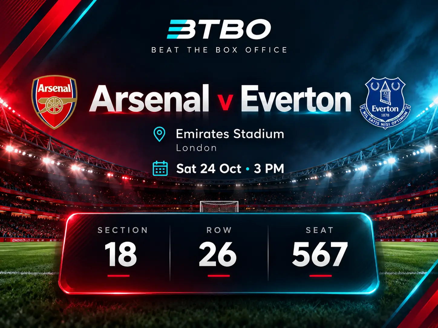 Arsenal vs Everton marketing artwork for Block 18 Row 26 Seat 567