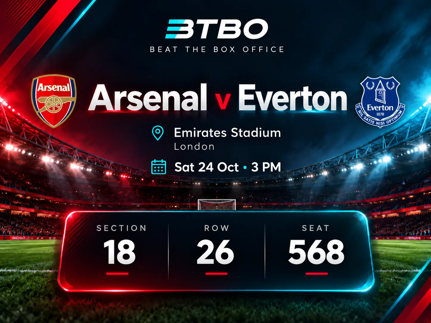 Arsenal vs Everton marketing artwork for Block 18 Row 26 Seat 568